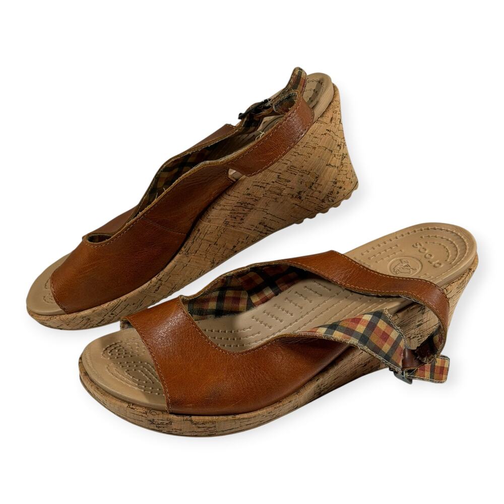 Crocs A-Leigh Wedge Slingback Sandals, Brown, Leather, Women's 11